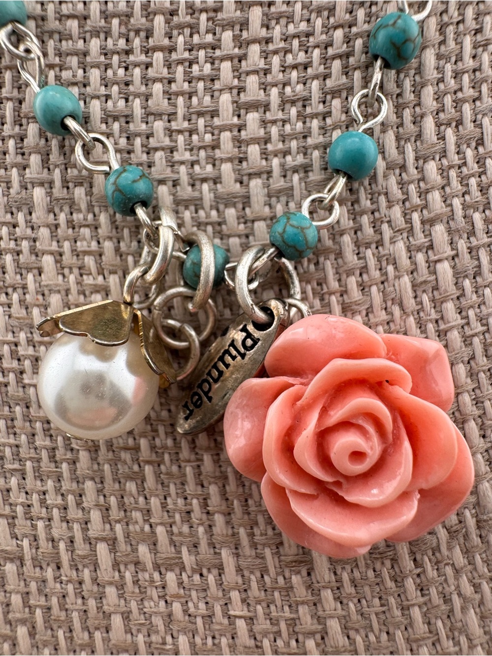 Plunder Turquoise Beaded Charm Necklace Pink Rose Pendant Boho Layered Necklace - Picture 3 of 11